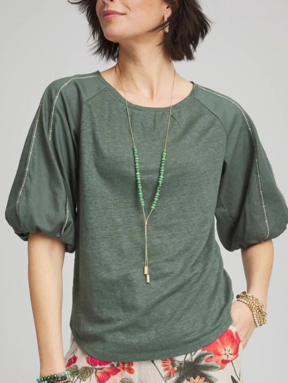 Chico's Moss Green Puff-Sleeve Knit Top